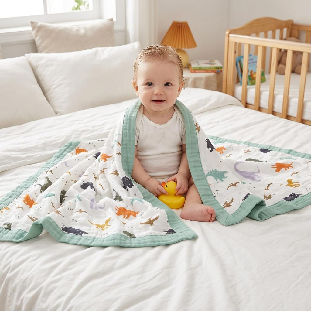 Dinosaur Muslin Blanket Baby Quilt - Silky Soft and Breathable Crib Blanket for Daycare - Large 47" X 47" - 2 Layers Toddler Summer Blankets for Boys (Dinosaur)
