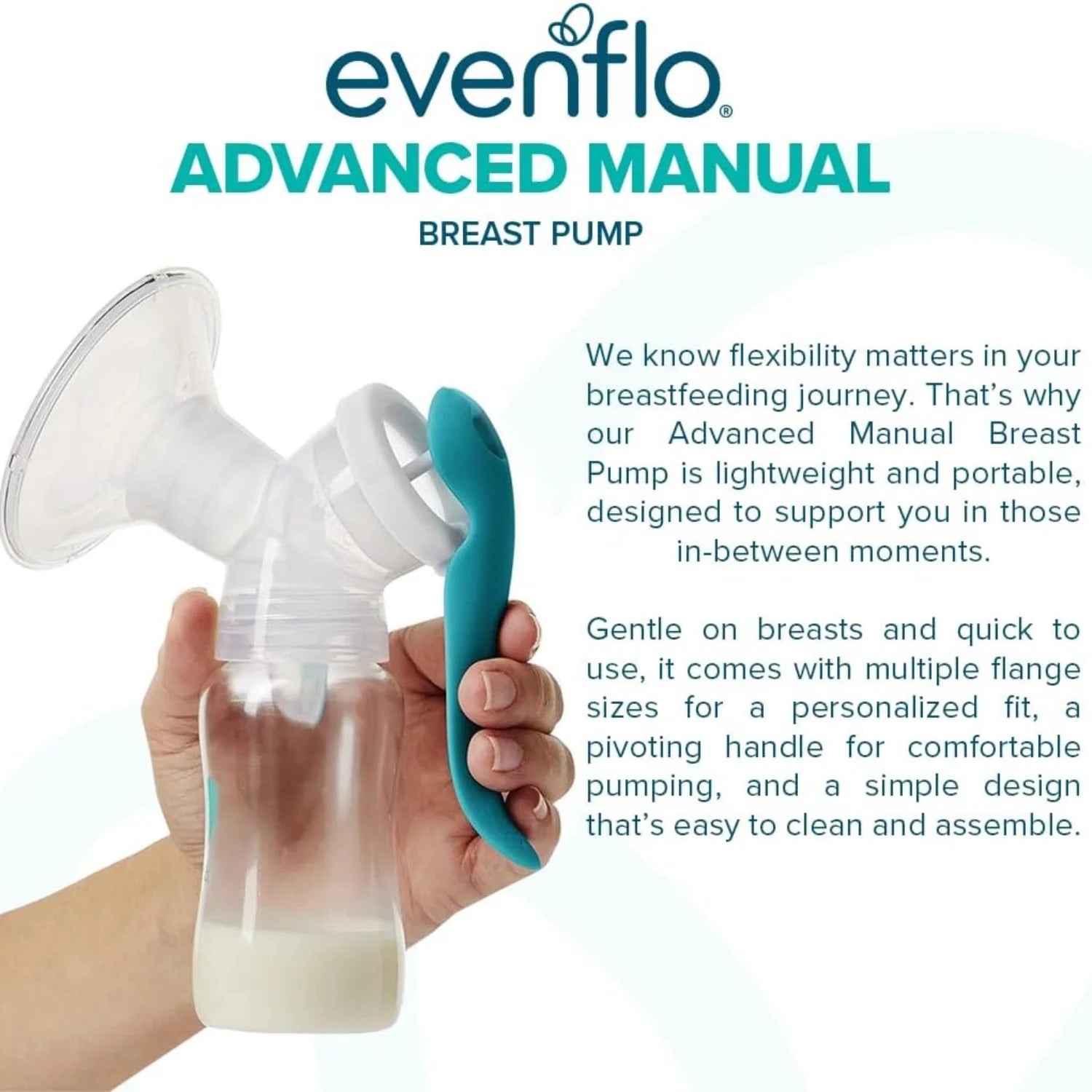 Advanced Manual Breast Pump, Includes Milk Collection Bottle and Flange Kit, Clear