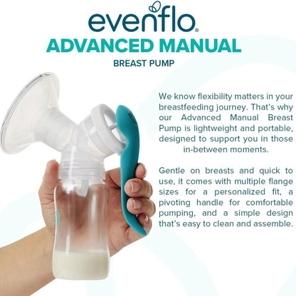 Advanced Manual Breast Pump, Includes Milk Collection Bottle and Flange Kit, Clear