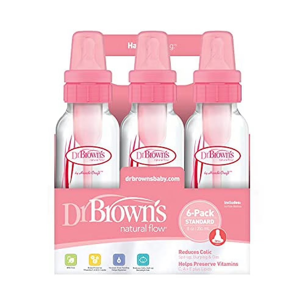 Natural Flow Original Baby Bottle, Pink, 8 Oz, 6 Count