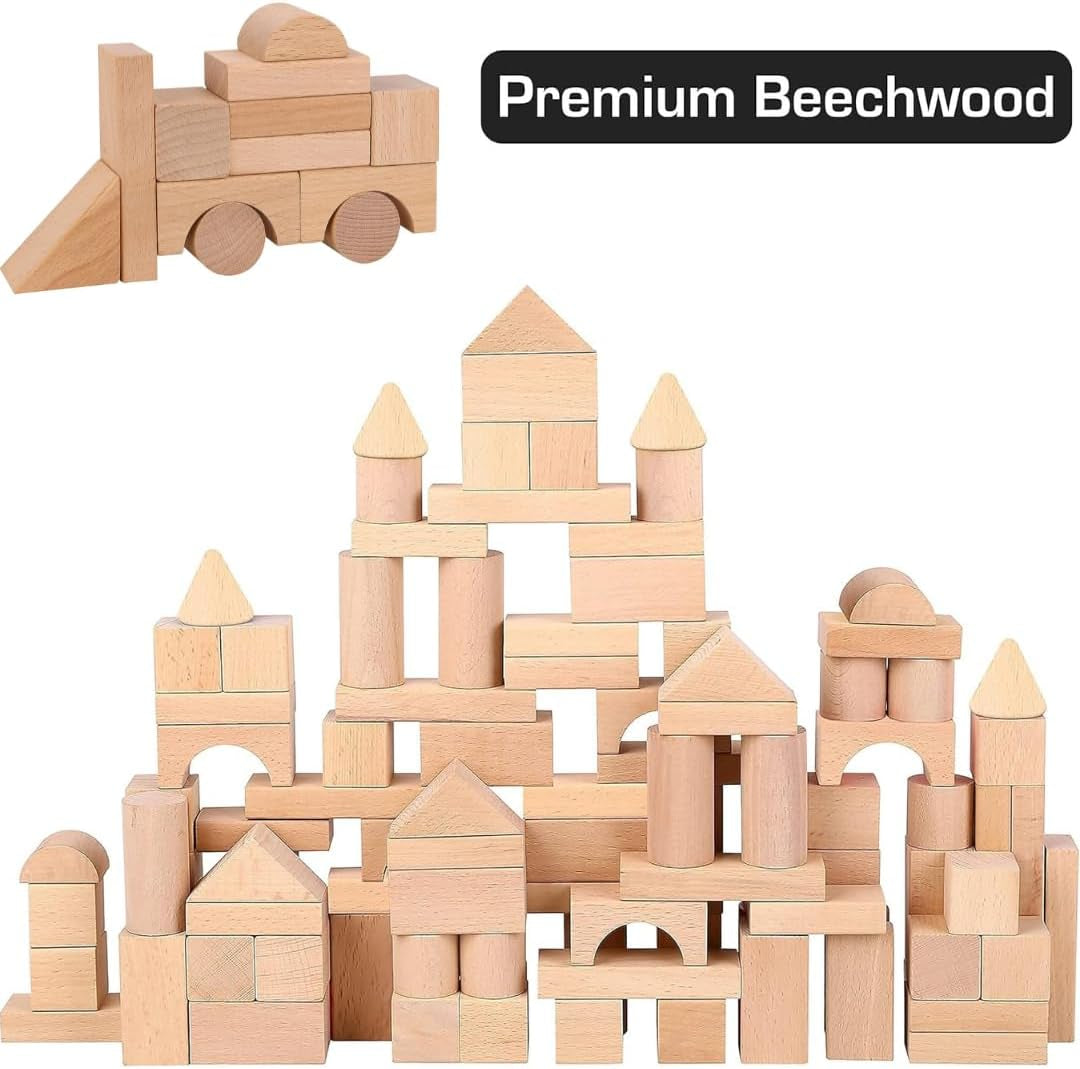 Natural Beech Wood Building Blocks Set - 100 Pieces with Storage Container and Shape Sorter Lid - Educational Stacking Toys for Toddlers and Preschoolers