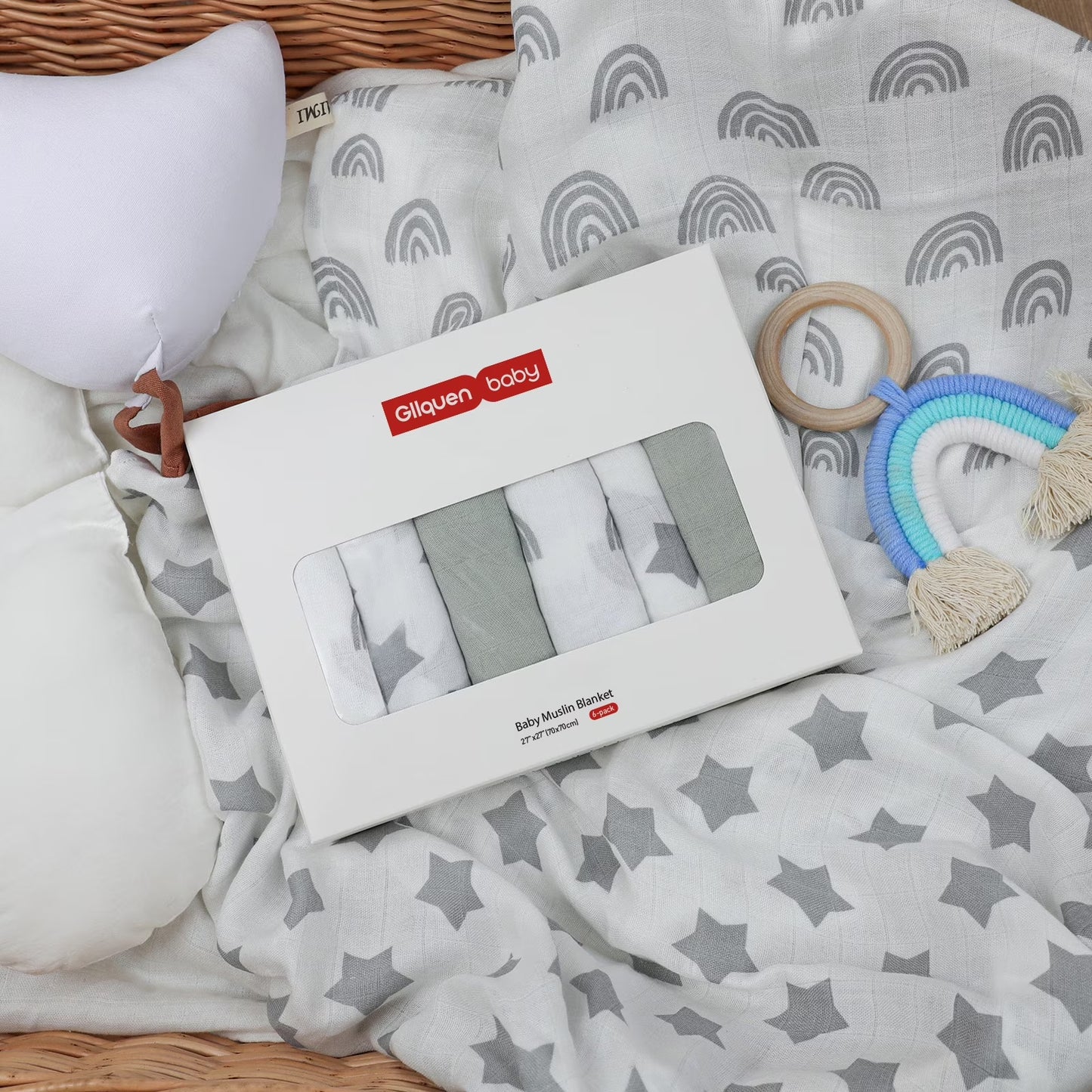 Muslin Organic Cotton Swaddle Blankets 6-Pack for Newborn Infant Boys Girls 27 X 27", Grey Star
