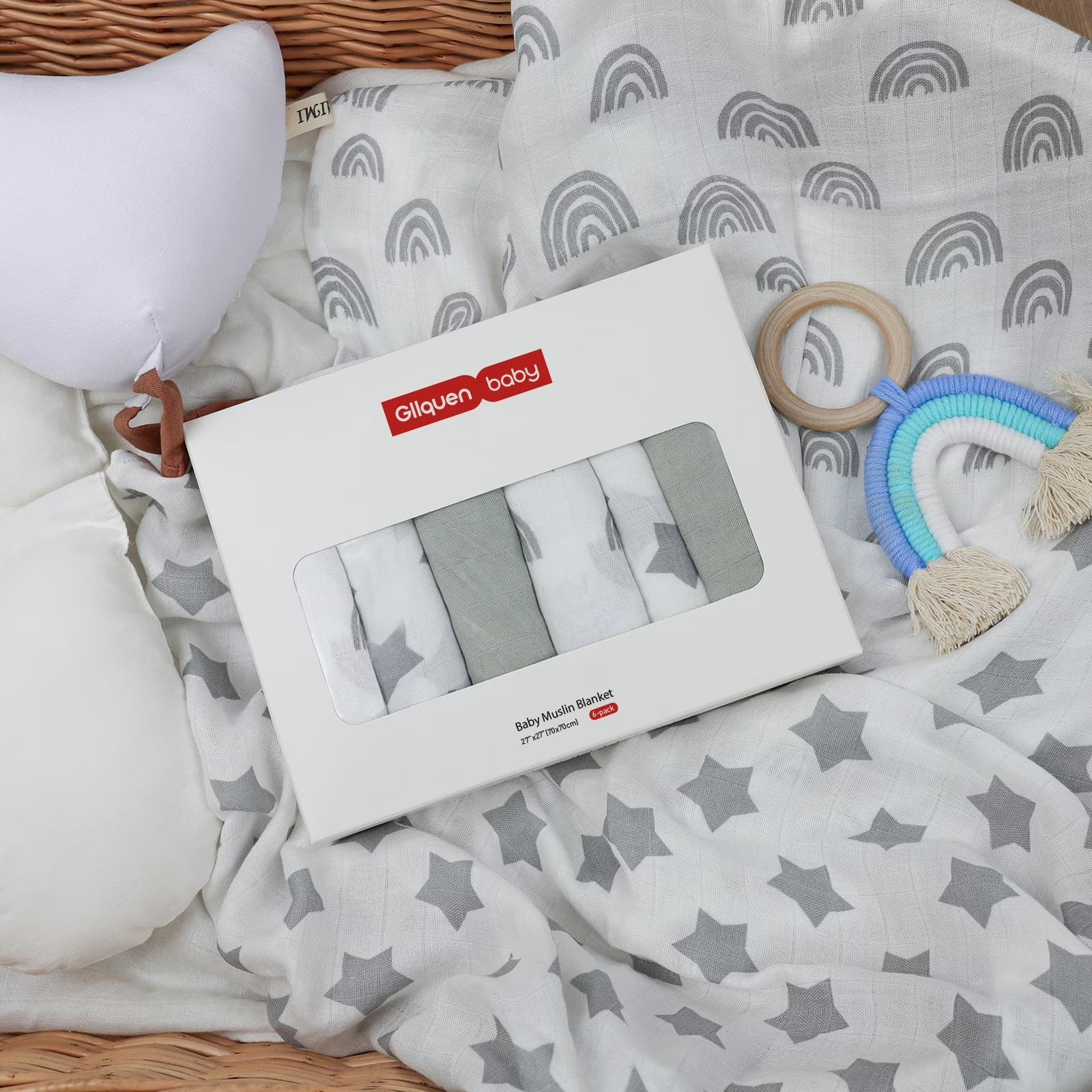 Muslin Organic Cotton Swaddle Blankets 6-Pack for Newborn Infant Boys Girls 27 X 27", Grey Star