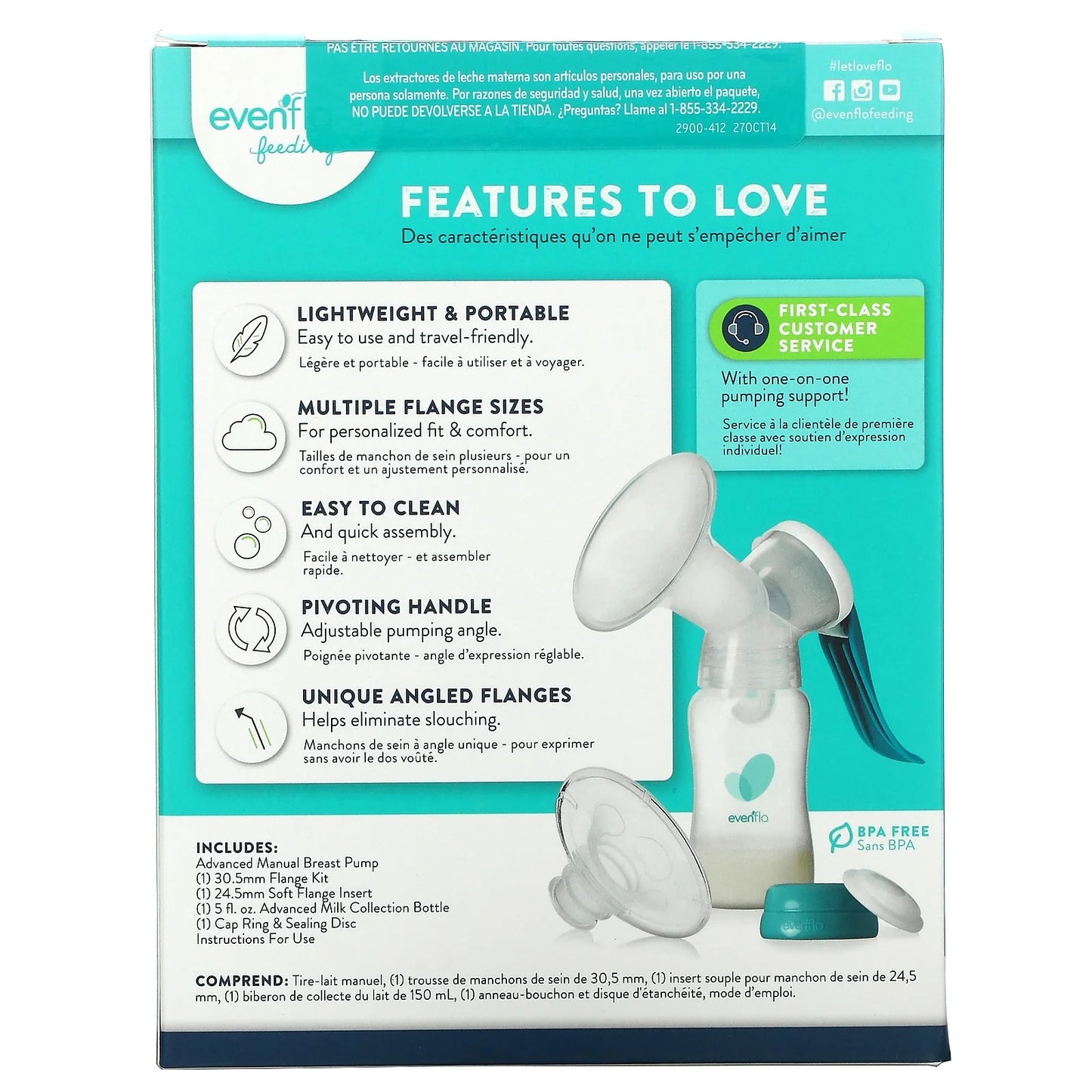 Advanced Manual Breast Pump, Includes Milk Collection Bottle and Flange Kit, Clear