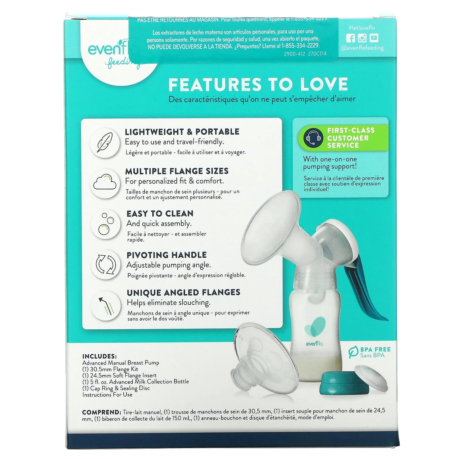 Advanced Manual Breast Pump, Includes Milk Collection Bottle and Flange Kit, Clear