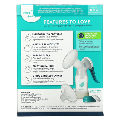 Advanced Manual Breast Pump, Includes Milk Collection Bottle and Flange Kit, Clear