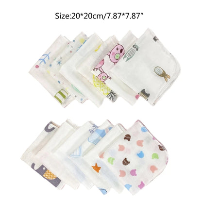 10Pcs Baby Washcloths Cartoon Cute Print Double Layer Gauze Infant Face Towel Absorbent Square Burp Cloths Handkerchief Random