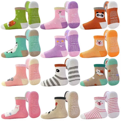 12 Pairs Non-Slip Crew Socks for Baby and Toddler Girls with Grips, Suitable for Ages 0-7 Years
