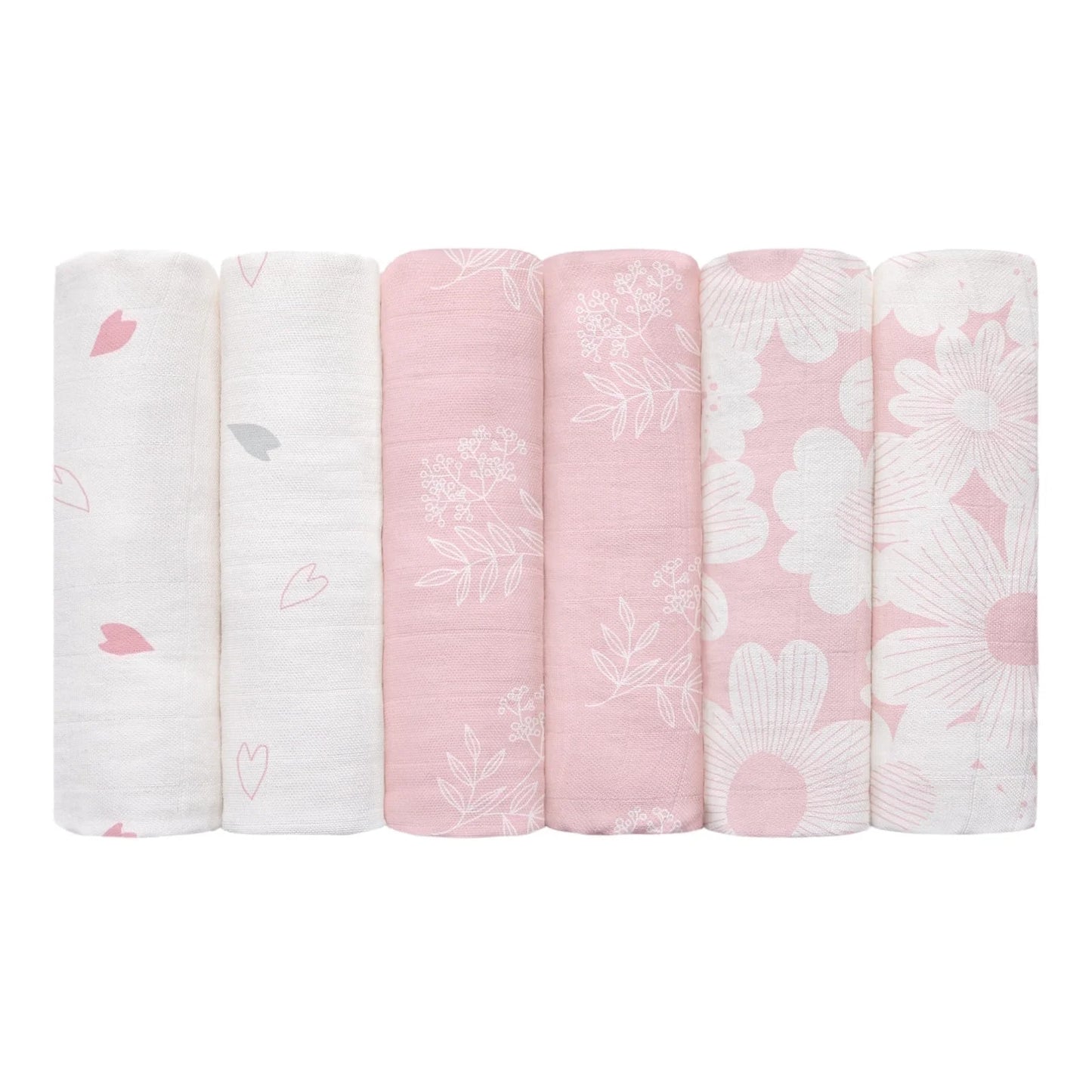 Muslin Swaddle Blankets 6-Pack Organic Cotton Blankets for Newborn Infant Girls Boys, 28 X 28", Rosebud