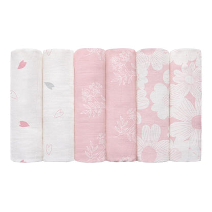 Muslin Swaddle Blankets 6-Pack Organic Cotton Blankets for Newborn Infant Girls Boys, 28 X 28", Rosebud