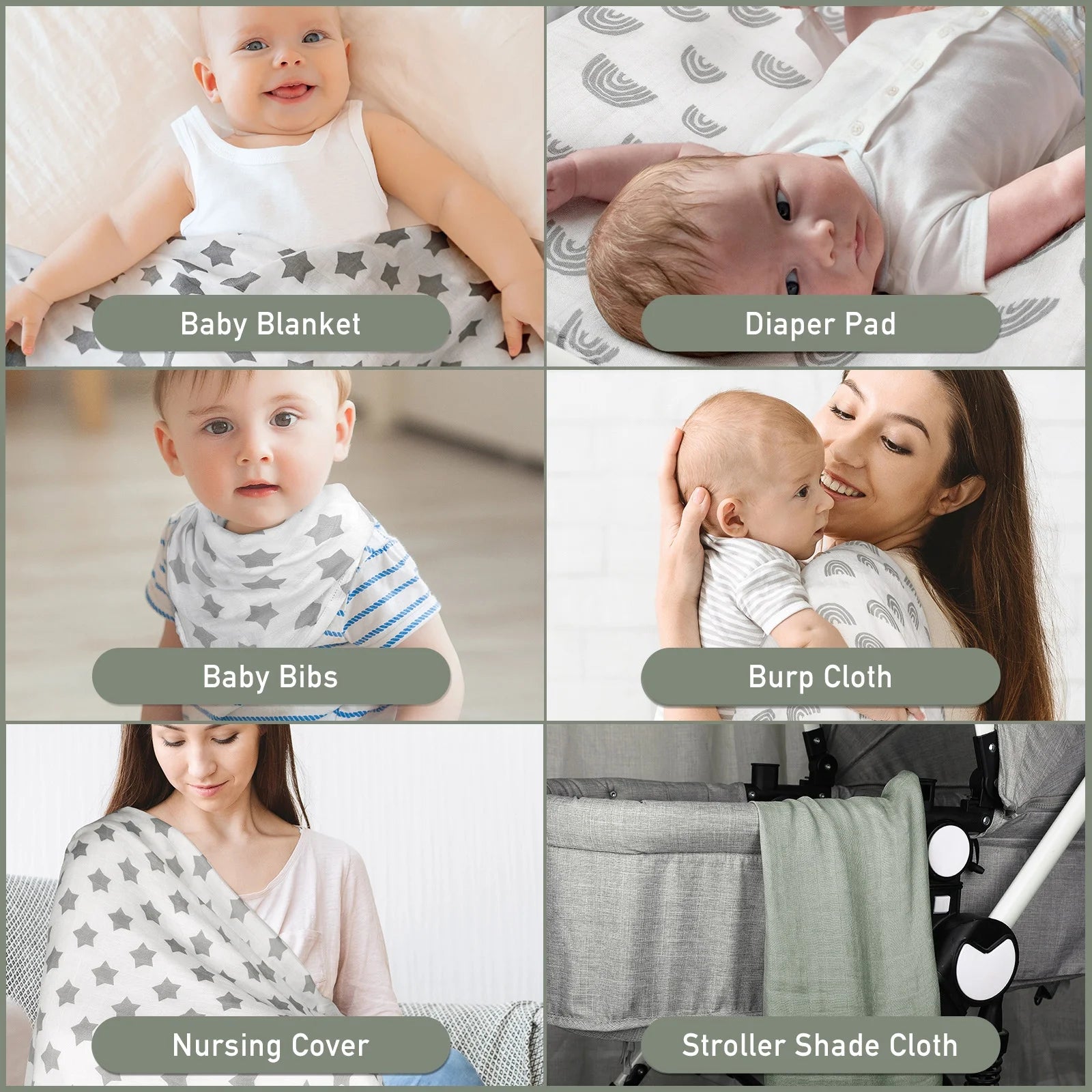 Muslin Organic Cotton Swaddle Blankets 6-Pack for Newborn Infant Boys Girls 27 X 27", Grey Star