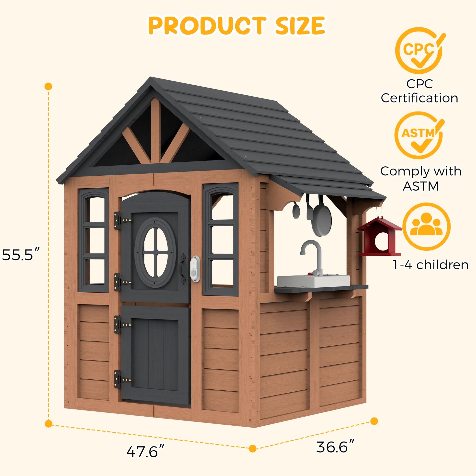 Kids Outdoor Playhouse, Wooden Playhouse with Play Kitchen, Working Doorbell, Bird Cage, Pet Door, Backyard Casa De Campaña Para Niños Country Style