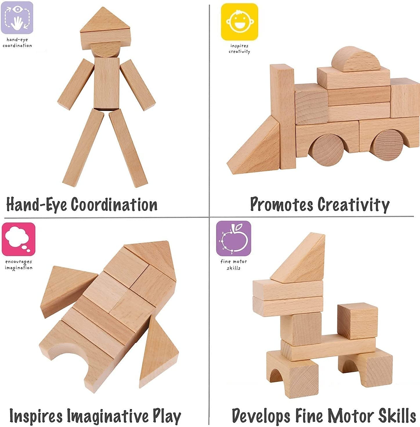 Natural Beech Wood Building Blocks Set - 100 Pieces with Storage Container and Shape Sorter Lid - Educational Stacking Toys for Toddlers and Preschoolers