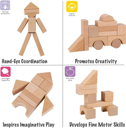 Natural Beech Wood Building Blocks Set - 100 Pieces with Storage Container and Shape Sorter Lid - Educational Stacking Toys for Toddlers and Preschoolers