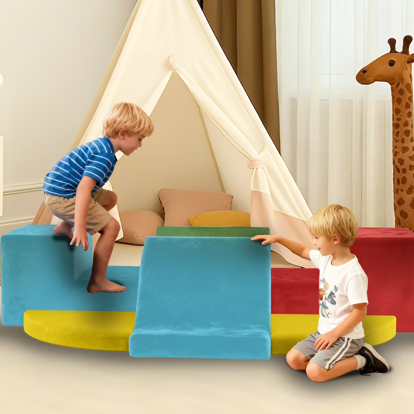 Toddler Climbing Toys: 7-Piece Indoor Soft Play Foam Block Set with PU Leather for Climbing, Crawling, and Sliding Activities