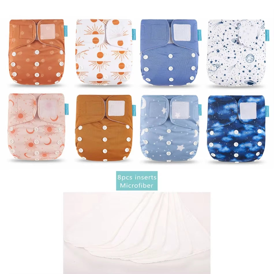 8 Diapers+8 Inserts Baby Cloth Diapers One Size Adjustable Washable Reusable Cloth Nappy for Baby Girls and Boys