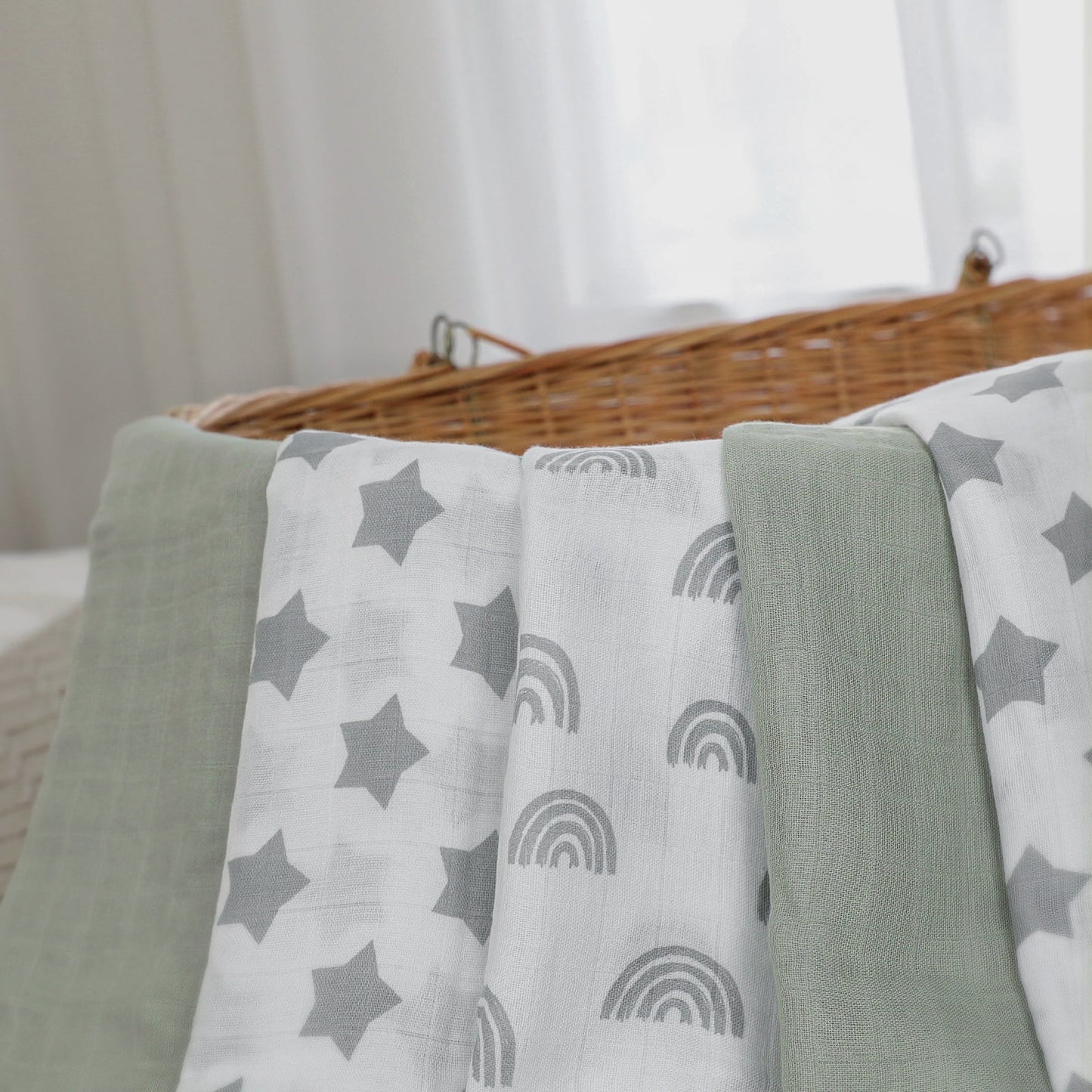 Muslin Organic Cotton Swaddle Blankets 6-Pack for Newborn Infant Boys Girls 27 X 27", Grey Star