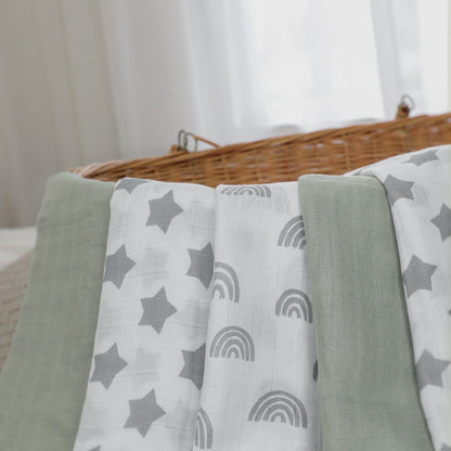 Muslin Organic Cotton Swaddle Blankets 6-Pack for Newborn Infant Boys Girls 27 X 27", Grey Star