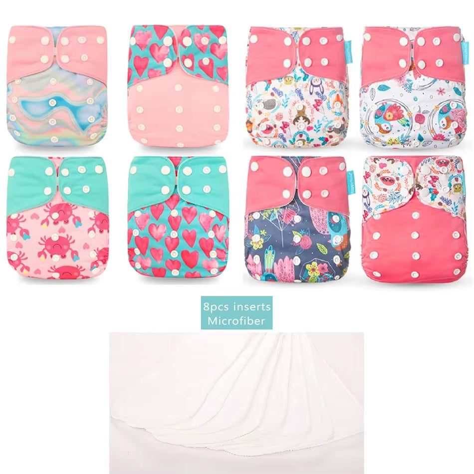 8 Diapers+8 Inserts Baby Cloth Diapers One Size Adjustable Washable Reusable Cloth Nappy for Baby Girls and Boys