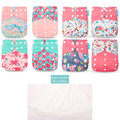 8 Diapers+8 Inserts Baby Cloth Diapers One Size Adjustable Washable Reusable Cloth Nappy for Baby Girls and Boys