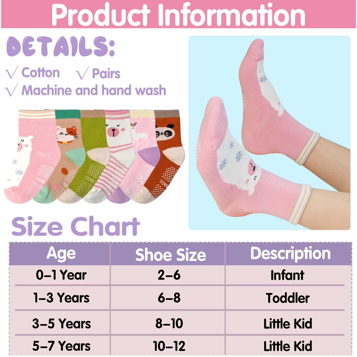 12 Pairs Non-Slip Crew Socks for Baby and Toddler Girls with Grips, Suitable for Ages 0-7 Years