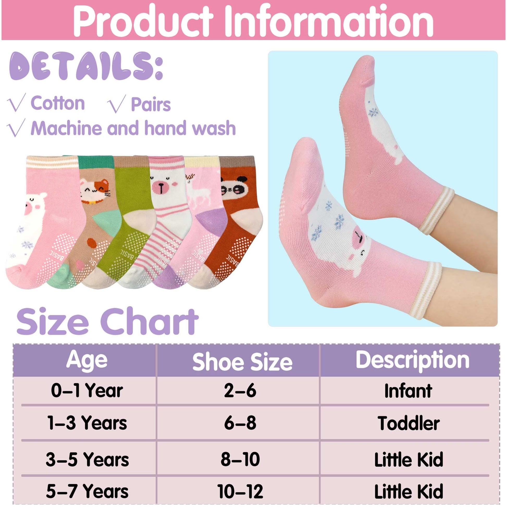 12 Pairs Non-Slip Crew Socks for Baby and Toddler Girls with Grips, Suitable for Ages 0-7 Years