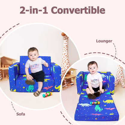 2-in-1 Dinosaur Flip Open Toddler Sofa with Side Pocket, Suitable for Ages 18 Months and Up