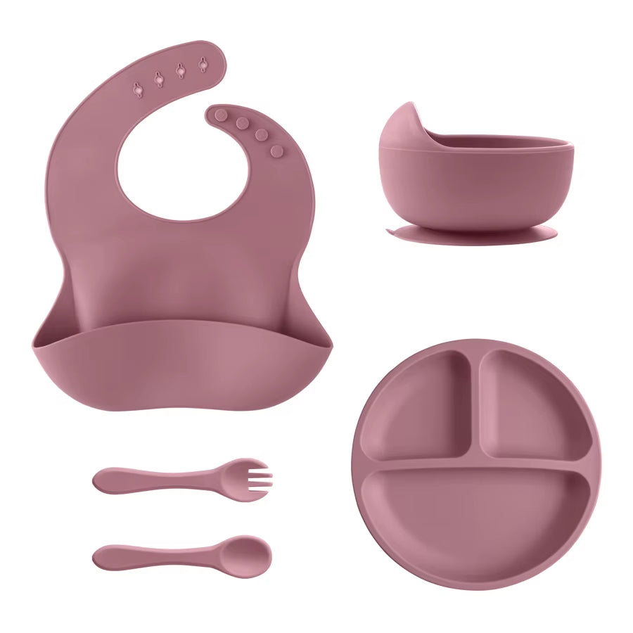 5Pcs Baby Silicone Feeding Set round Dining Plate Sucker Bowl Dishes for Kids Waterproof Bib Children'S Tableware Straw Cup