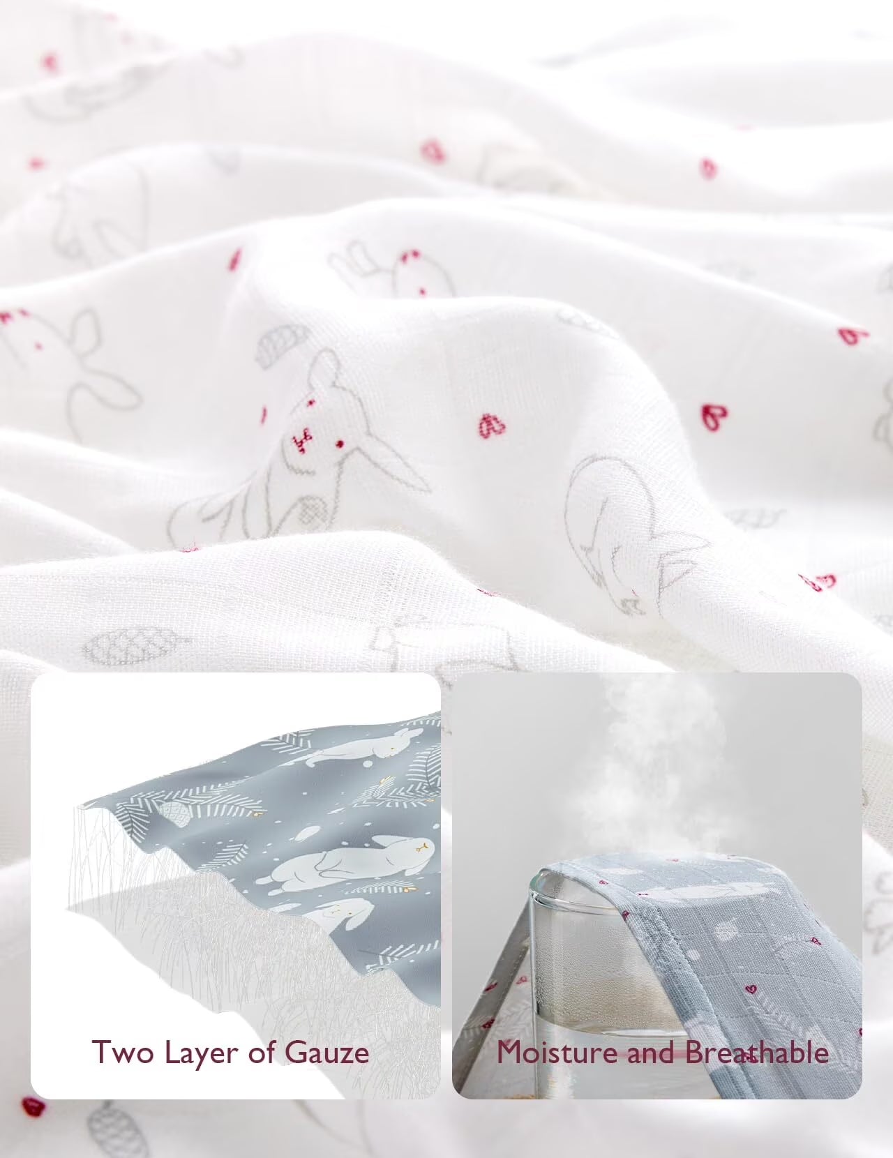 Muslin Swaddle Blankets, 4 Pack, Breathable 2-Layer Gauze Large 47'' X 47'' Baby Swaddling Receiving Blanket Wraps for Newborn Boys Girls, Rabbit