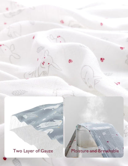 Muslin Swaddle Blankets, 4 Pack, Breathable 2-Layer Gauze Large 47'' X 47'' Baby Swaddling Receiving Blanket Wraps for Newborn Boys Girls, Rabbit