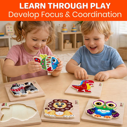 Wooden Puzzles for Toddlers 1-3 – 6XSET Chunky Toddler Puzzles Ages 2-4 – Montessori Animal Toy for Kids 3-5 Year Old – Wood Games Gift for Boys & Girls