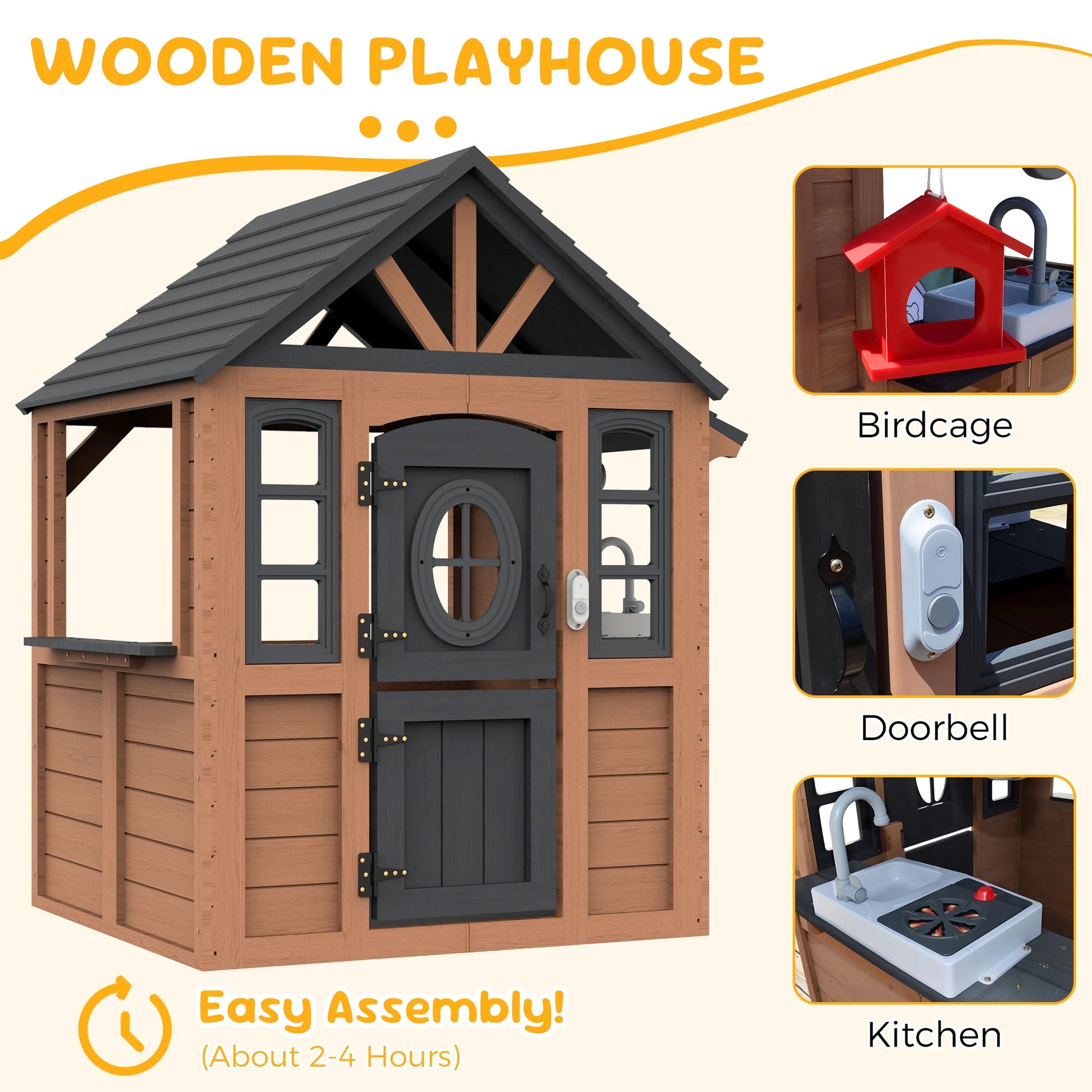 Kids Outdoor Playhouse, Wooden Playhouse with Play Kitchen, Working Doorbell, Bird Cage, Pet Door, Backyard Casa De Campaña Para Niños Country Style