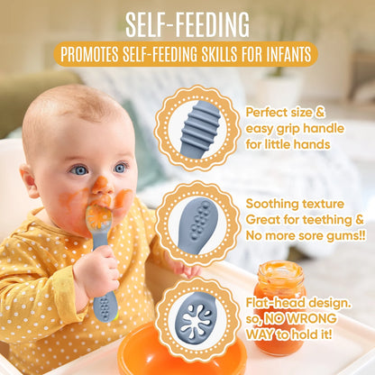 4Pc Silicone Baby Utensils Set, Self-Feeding Spoons & Fork for 6-12 Months, Toddler Essentials (Grey/Beige)