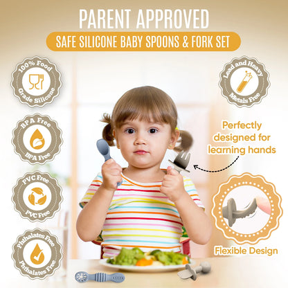 4Pc Silicone Baby Utensils Set, Self-Feeding Spoons & Fork for 6-12 Months, Toddler Essentials (Grey/Beige)
