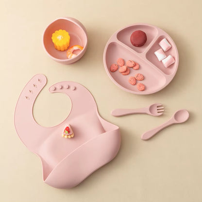 5Pcs Baby Silicone Feeding Set round Dining Plate Sucker Bowl Dishes for Kids Waterproof Bib Children'S Tableware Straw Cup