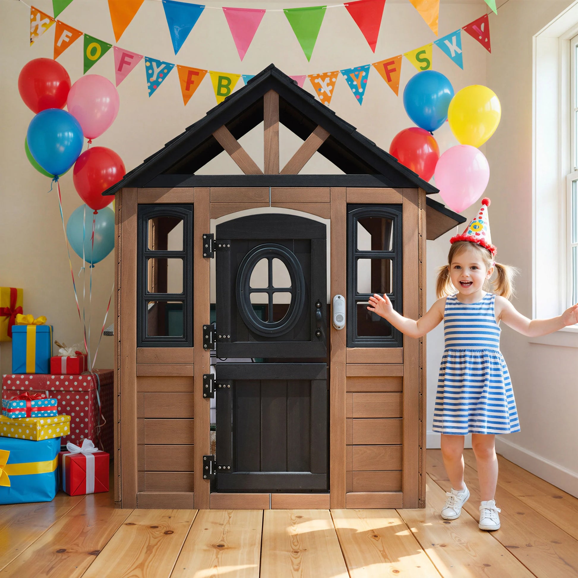 Kids Outdoor Playhouse, Wooden Playhouse with Play Kitchen, Working Doorbell, Bird Cage, Pet Door, Backyard Casa De Campaña Para Niños Country Style