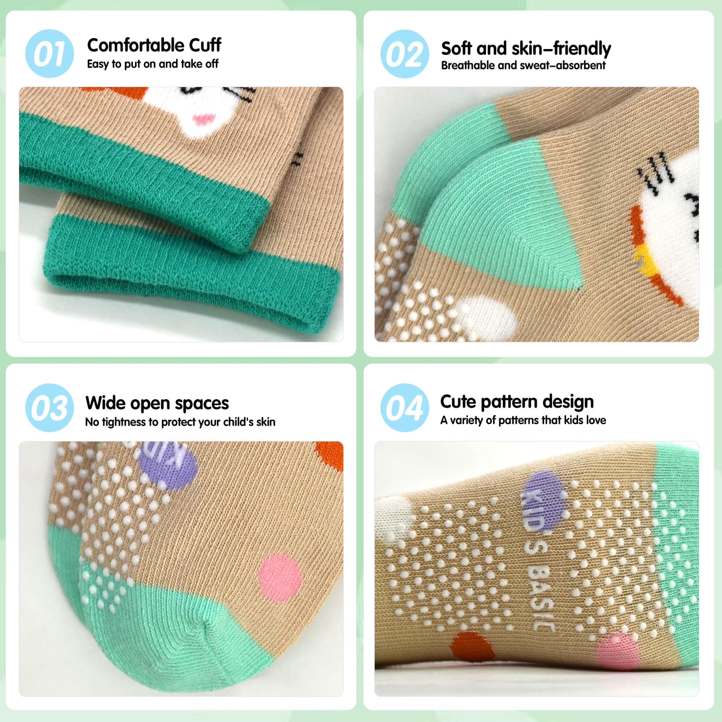 12 Pairs Non-Slip Crew Socks for Baby and Toddler Girls with Grips, Suitable for Ages 0-7 Years