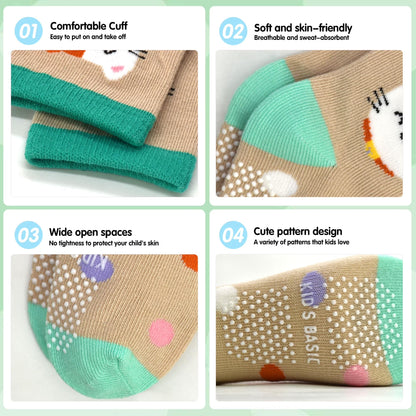 12 Pairs Non-Slip Crew Socks for Baby and Toddler Girls with Grips, Suitable for Ages 0-7 Years