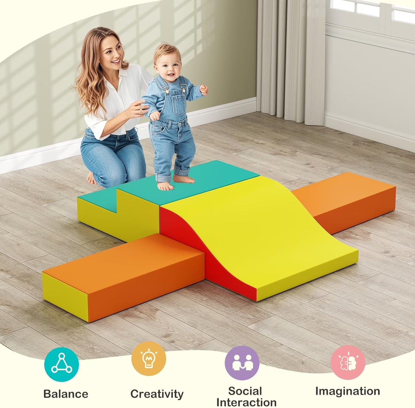 Indoor Toddler Climbing Toy Set, 10-Piece Soft Foam Block Play Gym with PU Leather for Children Aged 1 Year and Up