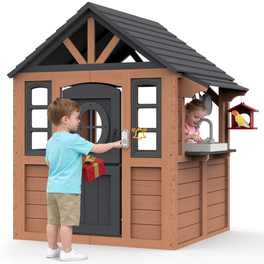 Kids Outdoor Playhouse, Wooden Playhouse with Play Kitchen, Working Doorbell, Bird Cage, Pet Door, Backyard Casa De Campaña Para Niños Country Style