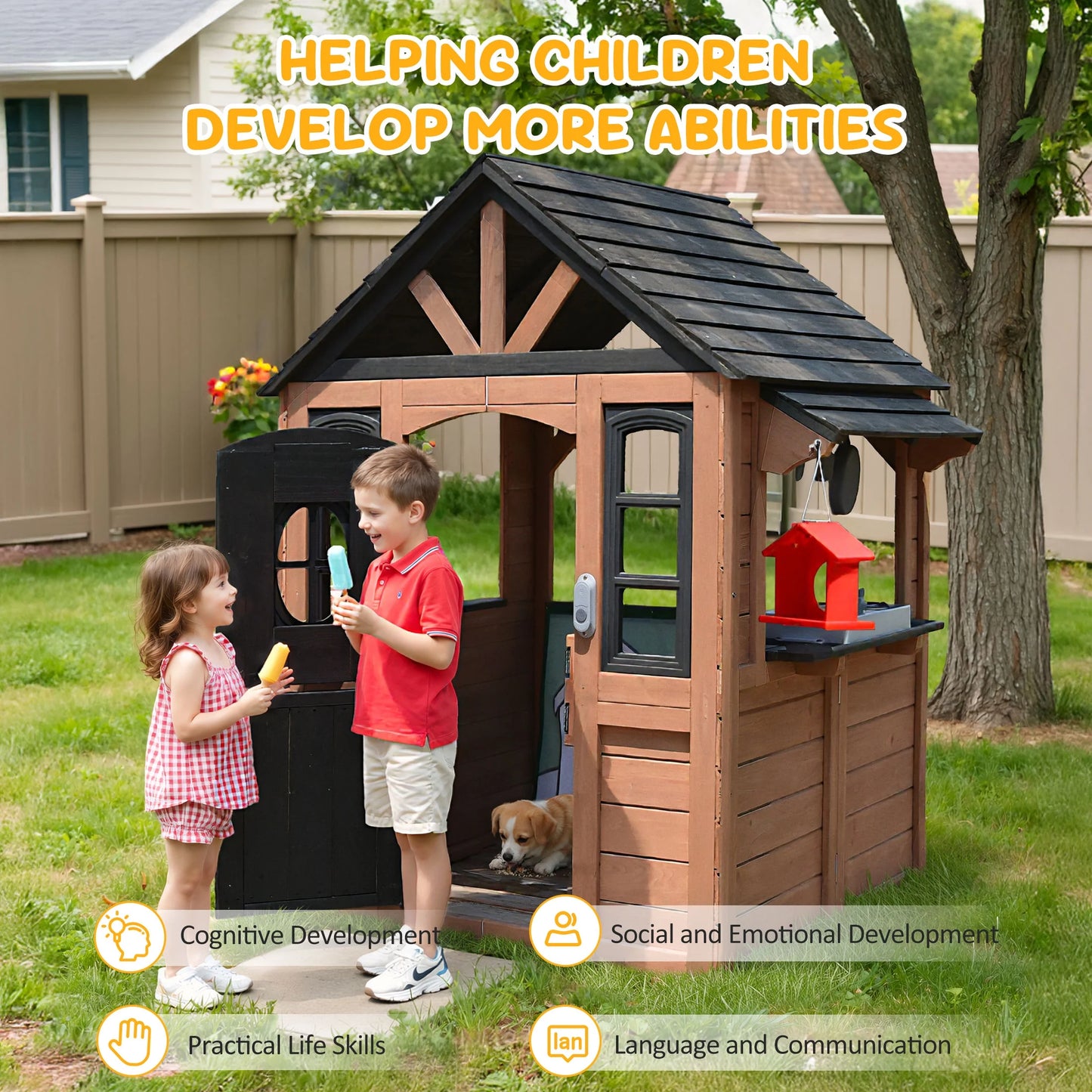 Kids Outdoor Playhouse, Wooden Playhouse with Play Kitchen, Working Doorbell, Bird Cage, Pet Door, Backyard Casa De Campaña Para Niños Country Style