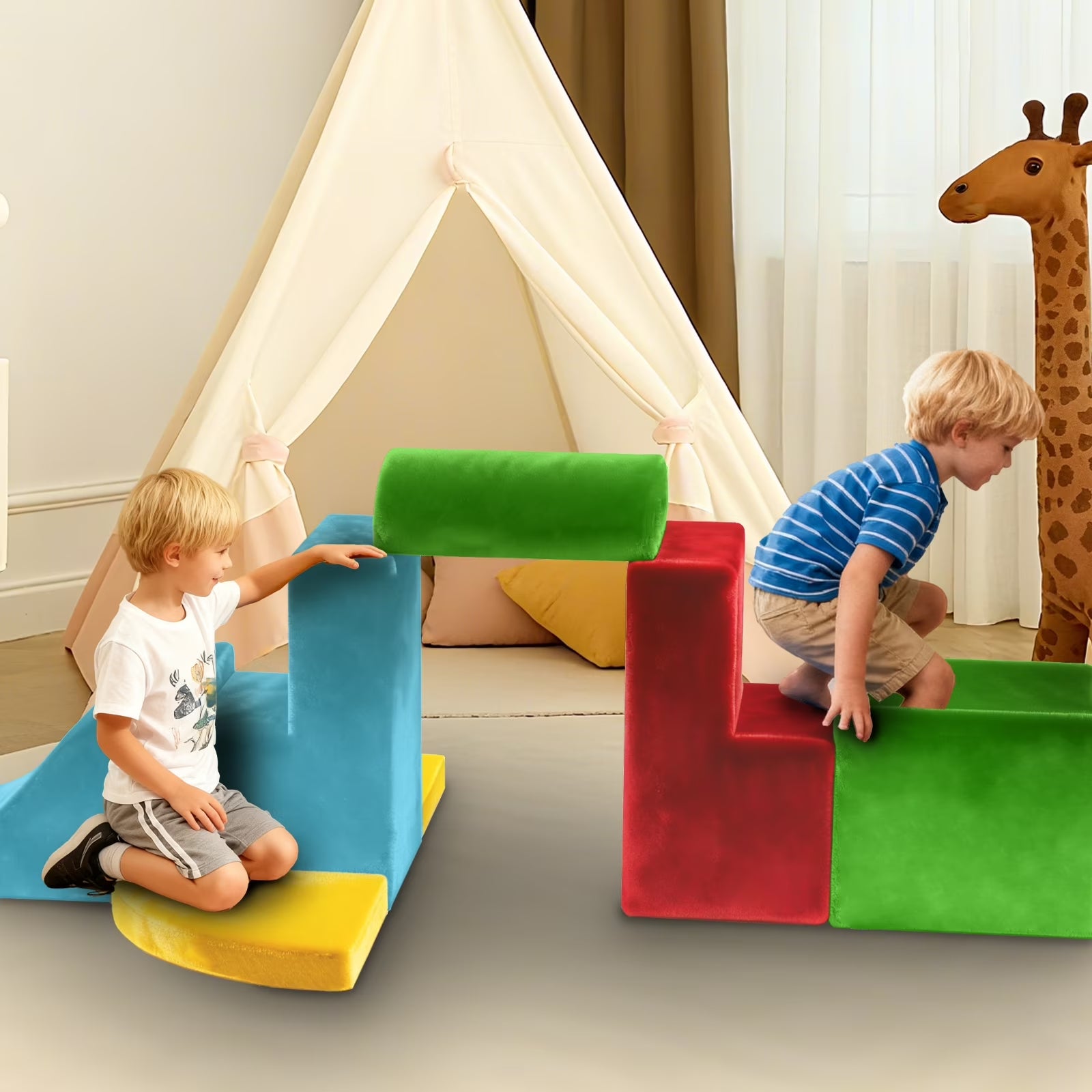 Toddler Climbing Toys: 7-Piece Indoor Soft Play Foam Block Set with PU Leather for Climbing, Crawling, and Sliding Activities