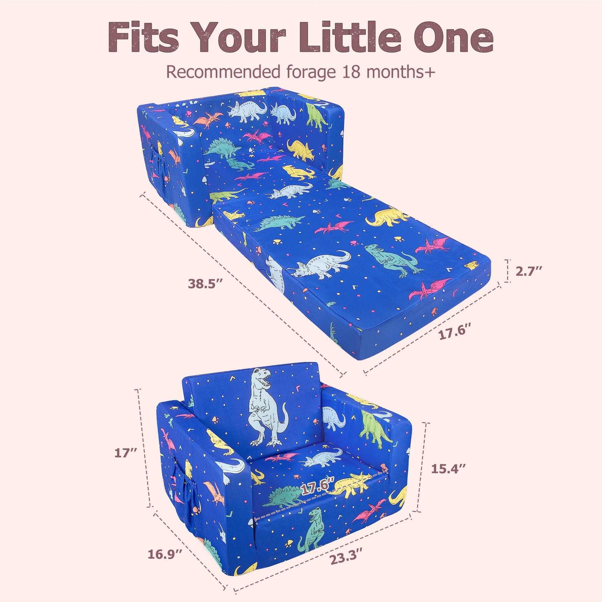 2-in-1 Dinosaur Flip Open Toddler Sofa with Side Pocket, Suitable for Ages 18 Months and Up