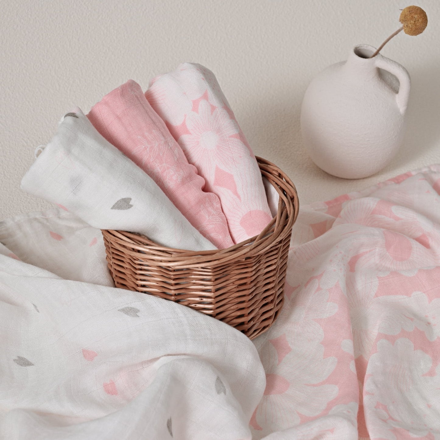 Muslin Swaddle Blankets 6-Pack Organic Cotton Blankets for Newborn Infant Girls Boys, 28 X 28", Rosebud