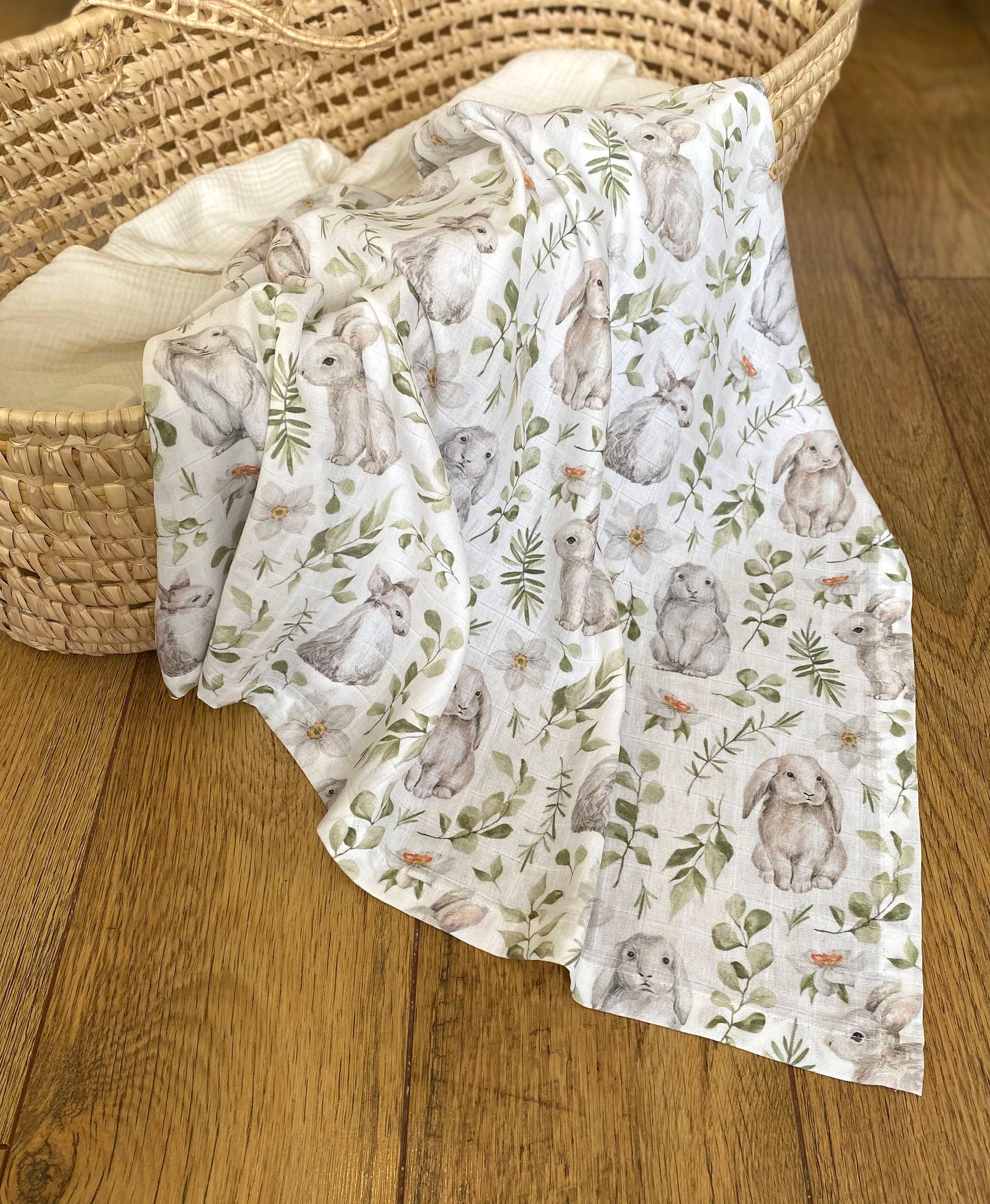 Organic Muslin Easter Bunny Print, Bib Set, Bamboo Cotton Baby Swaddle, Newborn Swaddle Blanket, Easter Gift for Baby, Baby Shower Gift