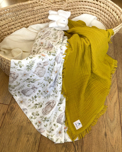 Organic Muslin Easter Bunny Print, Bib Set, Bamboo Cotton Baby Swaddle, Newborn Swaddle Blanket, Easter Gift for Baby, Baby Shower Gift