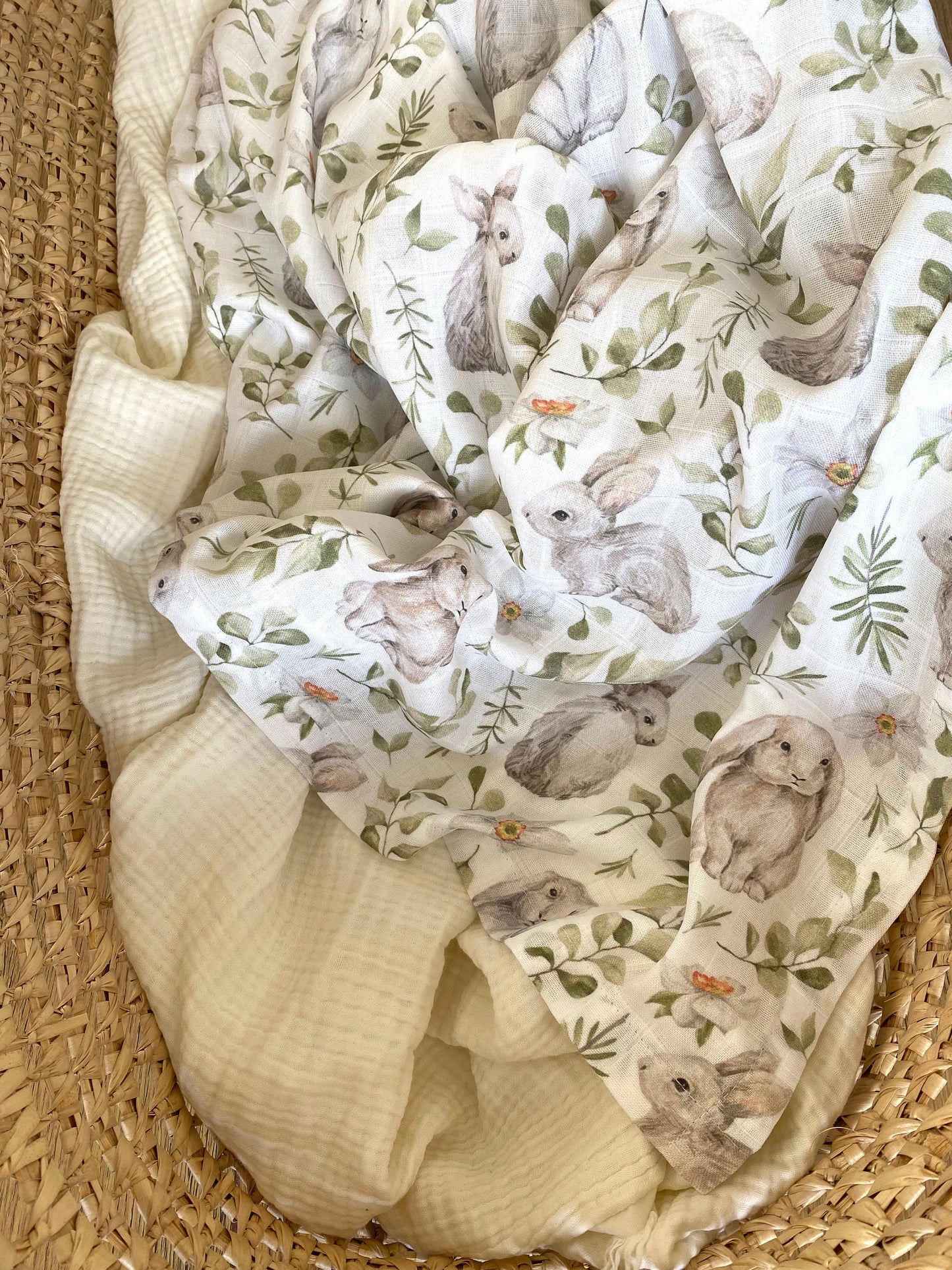 Organic Muslin Easter Bunny Print, Bib Set, Bamboo Cotton Baby Swaddle, Newborn Swaddle Blanket, Easter Gift for Baby, Baby Shower Gift
