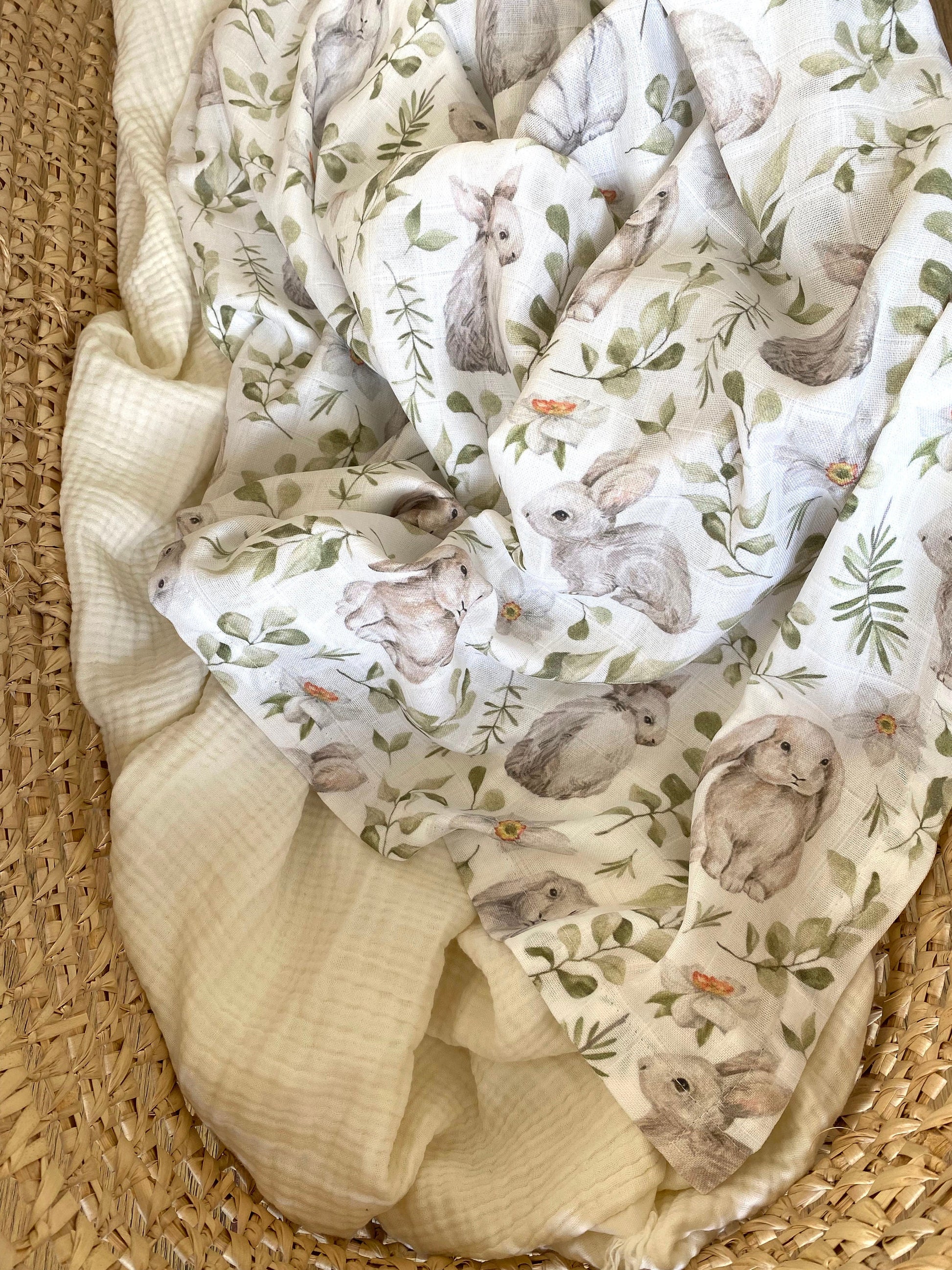 Organic Muslin Easter Bunny Print, Bib Set, Bamboo Cotton Baby Swaddle, Newborn Swaddle Blanket, Easter Gift for Baby, Baby Shower Gift