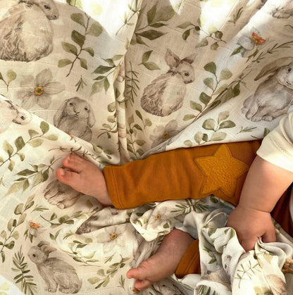 Organic Muslin Easter Bunny Print, Bib Set, Bamboo Cotton Baby Swaddle, Newborn Swaddle Blanket, Easter Gift for Baby, Baby Shower Gift