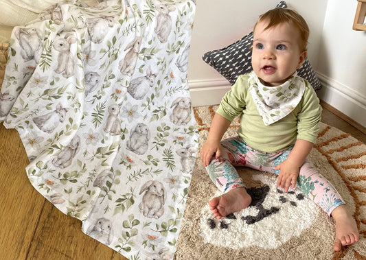 Organic Muslin Easter Bunny Print, Bib Set, Bamboo Cotton Baby Swaddle, Newborn Swaddle Blanket, Easter Gift for Baby, Baby Shower Gift